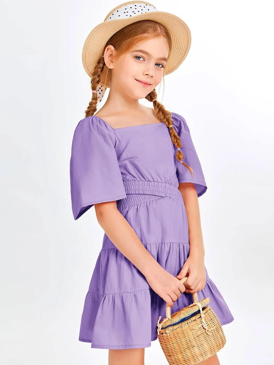Batermoon Girls Summer Dress Square Neck Short Sleeve Crossover Waist Casual A-line Mini Dress