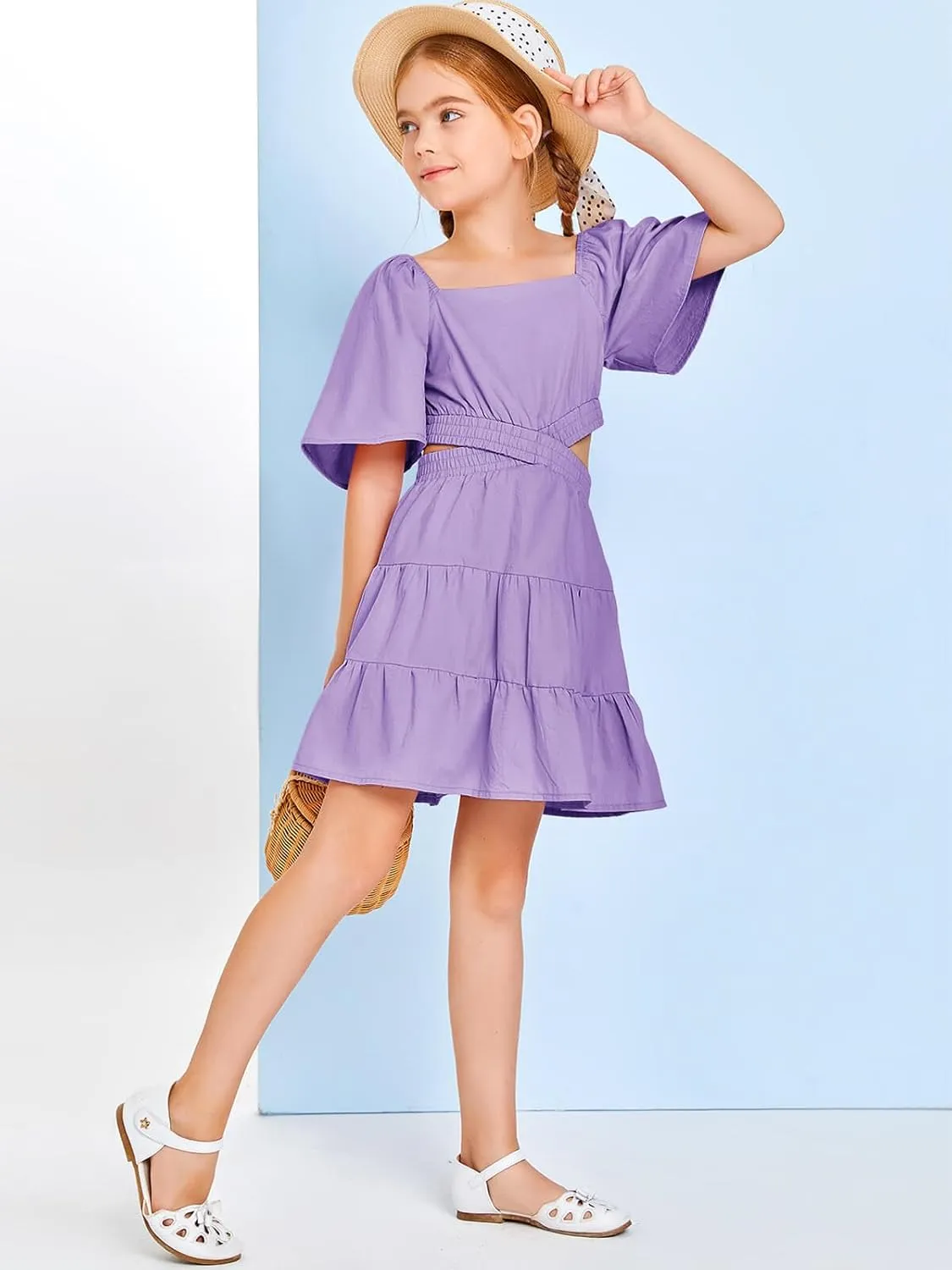 Batermoon Girls Summer Dress Square Neck Short Sleeve Crossover Waist Casual A-line Mini Dress