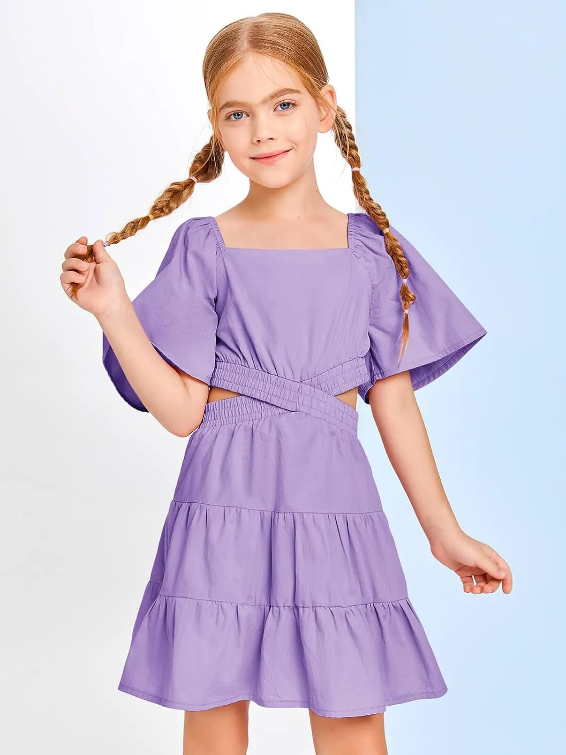 Batermoon Girls Summer Dress Square Neck Short Sleeve Crossover Waist Casual A-line Mini Dress