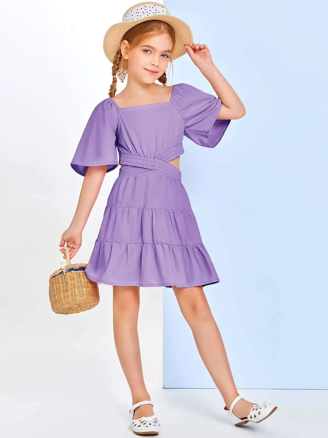 Batermoon Girls Summer Dress Square Neck Short Sleeve Crossover Waist Casual A-line Mini Dress