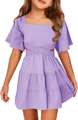 Batermoon Girls Summer Dress Square Neck Short Sleeve Crossover Waist Casual A-line Mini Dress