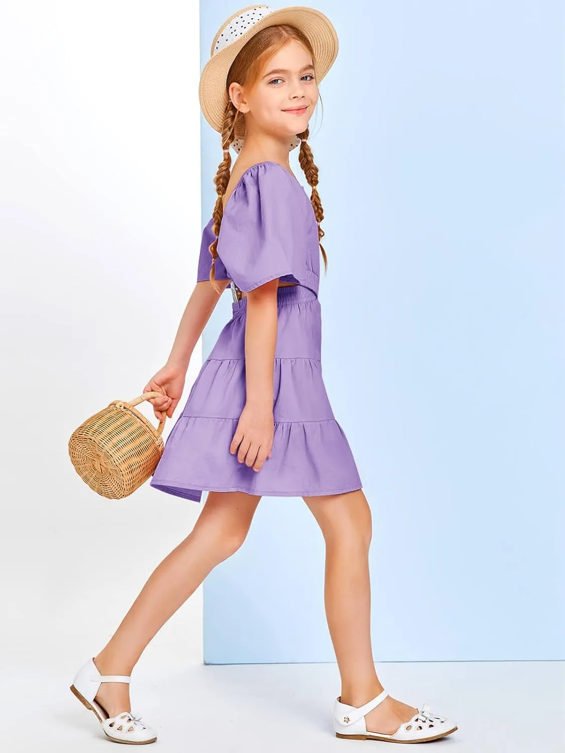 Batermoon Girls Summer Dress Square Neck Short Sleeve Crossover Waist Casual A-line Mini Dress