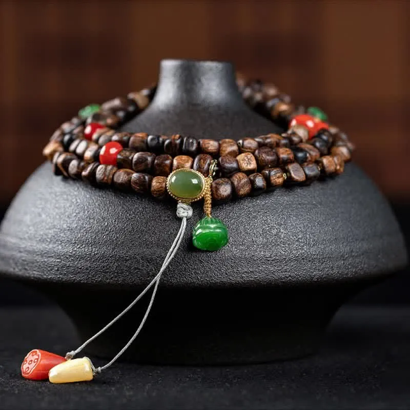 Buddha Stones 108 Mala Beads 925 Sterling Silver Brunei Agarwood Red Agate PiXiu Hetian Jade Peace Strength Bracelet