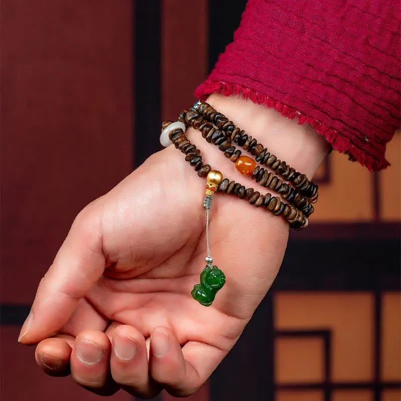 Buddha Stones 108 Mala Beads 925 Sterling Silver Brunei Agarwood Red Agate PiXiu Hetian Jade Peace Strength Bracelet