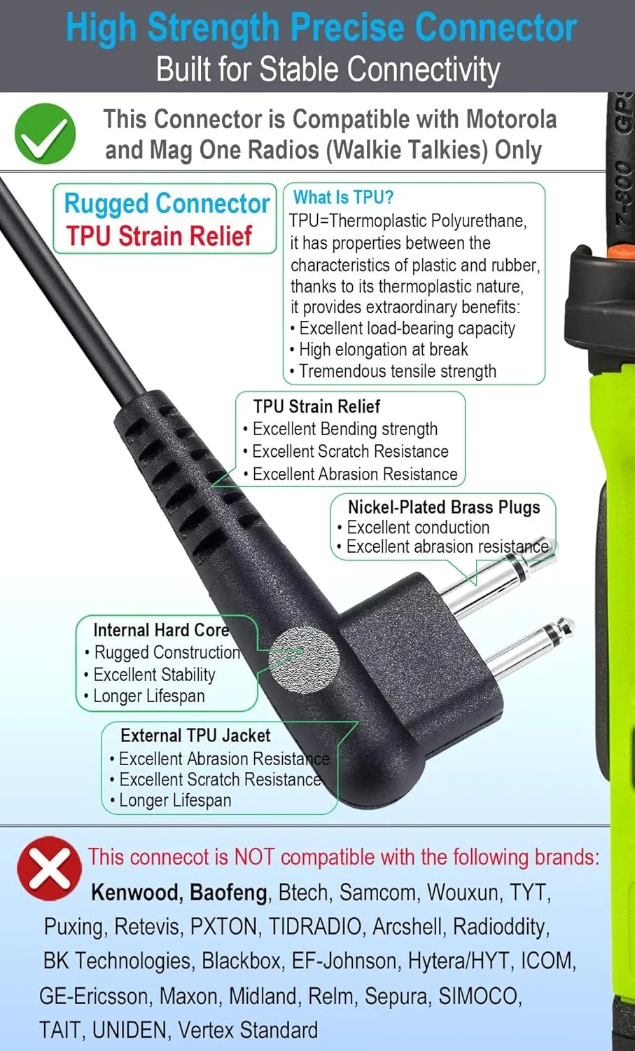 commountain earpiece for Motorola Walkie Talkie and Radio with PTT/Mic, Compatible for CP200D CP100D R2 CP200 CP185 BPR40 CLS1410 CLS1110 RMU2040 RMU2080D, Acoustic Tube Surveillance Headset, 2 Pin