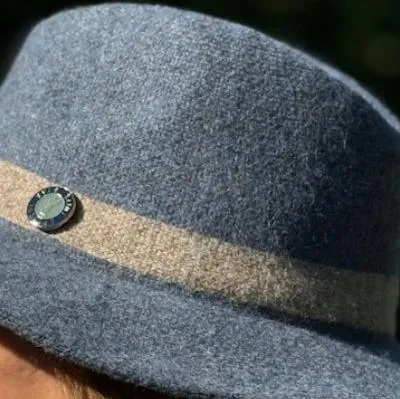 DTD Blue Fedora with Light Beige Trim & Designer Button