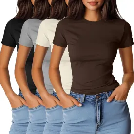 Ficerd 4 Pack Women's Short Sleeve T Shirts Cotton Crew Neck Slim Fitted Tops Basic Casual Shirts Stretchy Going Out Tees
