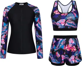JASAMBAC Women's 3 Piece Rash Guard Long Sleeve Swimsuits with Boyshorts Zip Up UPF 50  Swim Shirt Built in Bra