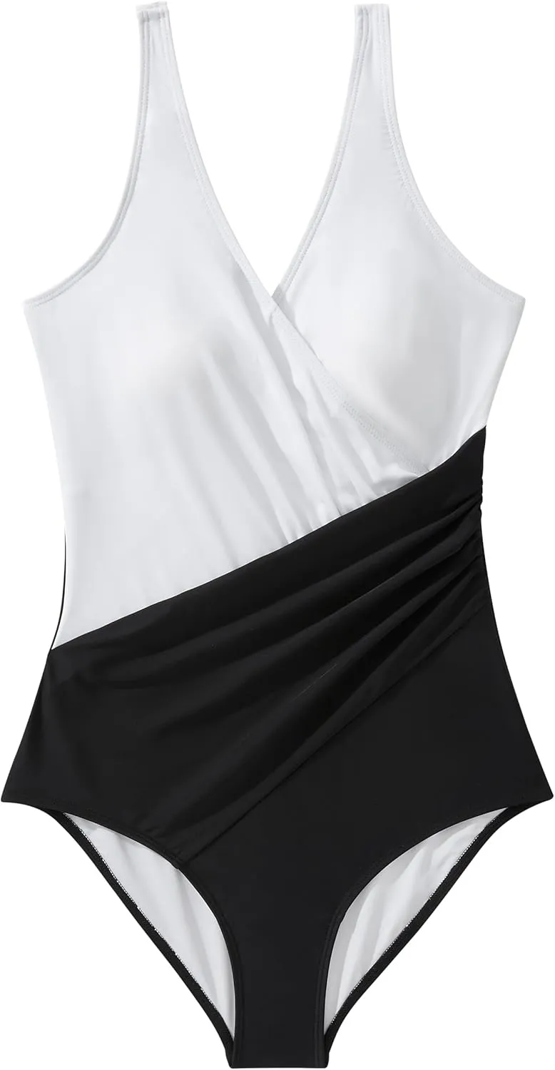 RXRXCOCO Womens One Piece Swimsuits Tummy Control Ruched Criss Cross Bathing Suits V Neck Slimming Swimwear
