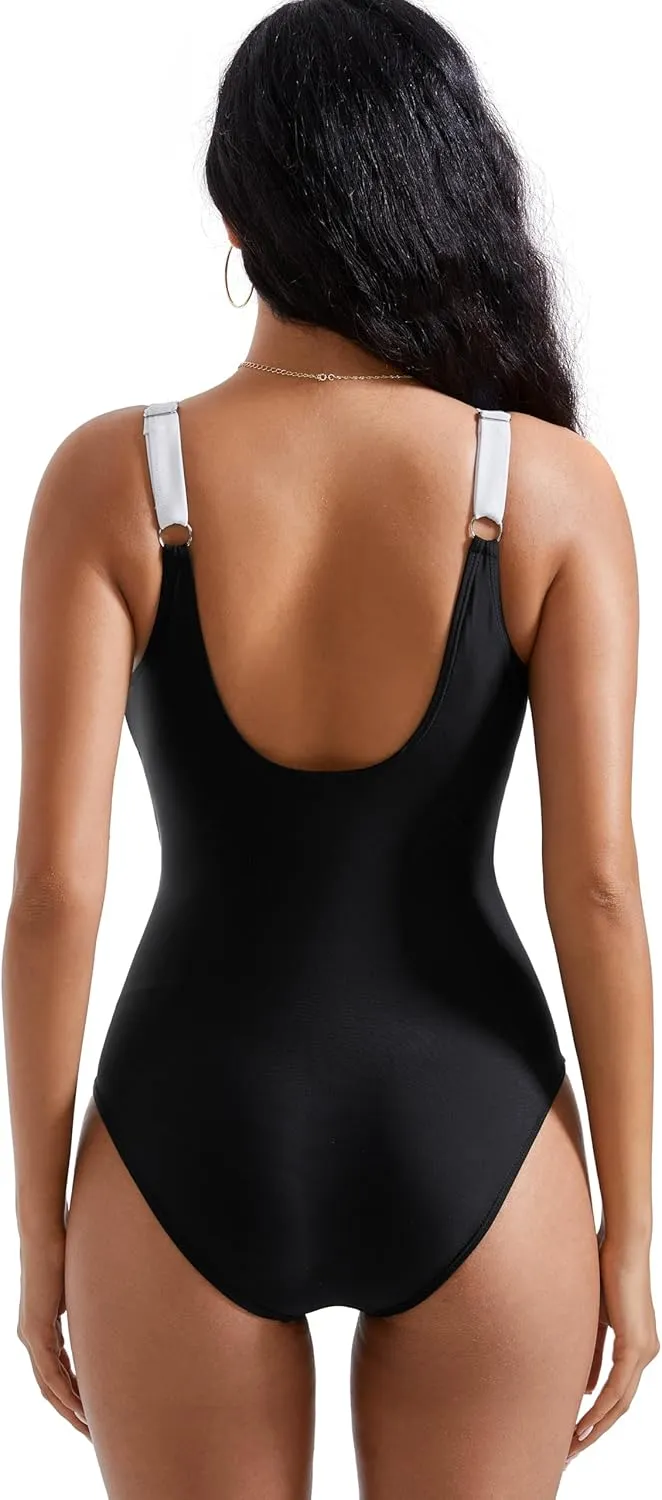 RXRXCOCO Womens One Piece Swimsuits Tummy Control Ruched Criss Cross Bathing Suits V Neck Slimming Swimwear