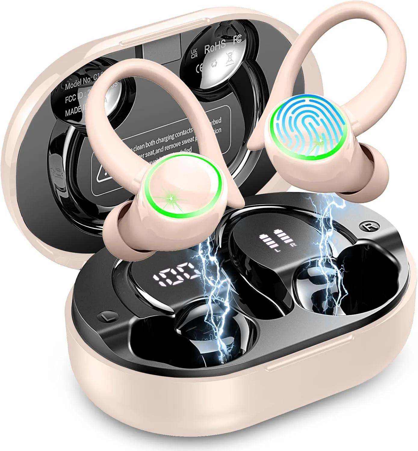 Wireless Earbuds, Bluetooth 5.4 Headphones Sports, 50H Playback Over-Ear buds with ENC Noise Cancelling Mic, Hifi Stereo Fitness Earphones with Earhooks, IP7 Waterproof Headset for Gym Running Workout