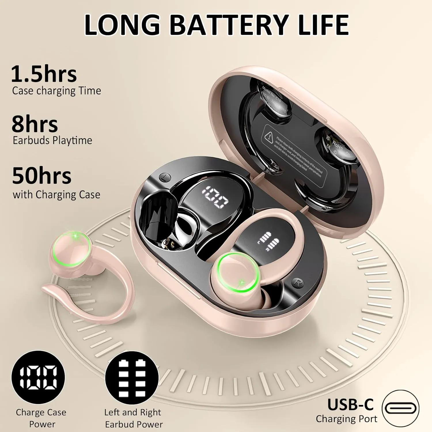 Wireless Earbuds, Bluetooth 5.4 Headphones Sports, 50H Playback Over-Ear buds with ENC Noise Cancelling Mic, Hifi Stereo Fitness Earphones with Earhooks, IP7 Waterproof Headset for Gym Running Workout