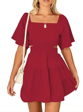 Women's Summer Dresses Square Neck Casual Short Sleeves Crossover Elastic Waist Party Mini Dress